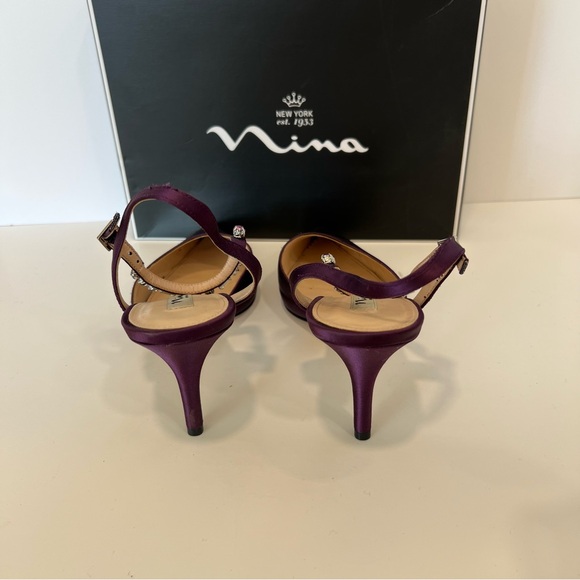Nina Tonya Leather Sole Eggplant Satin heels with bejeweled ankle strap Size 8.5 - Picture 3 of 5